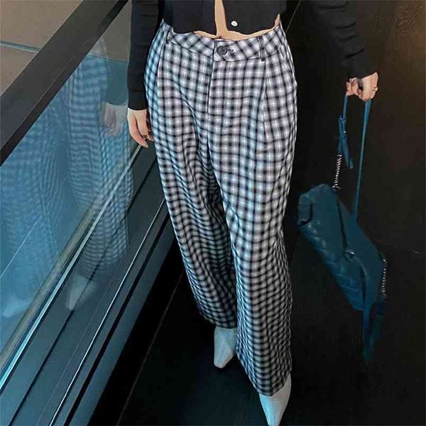 

spring autumn korea fashion women high waist loose trousers femme pants all-matched casual plaid wide leg v67 210512, Black;white
