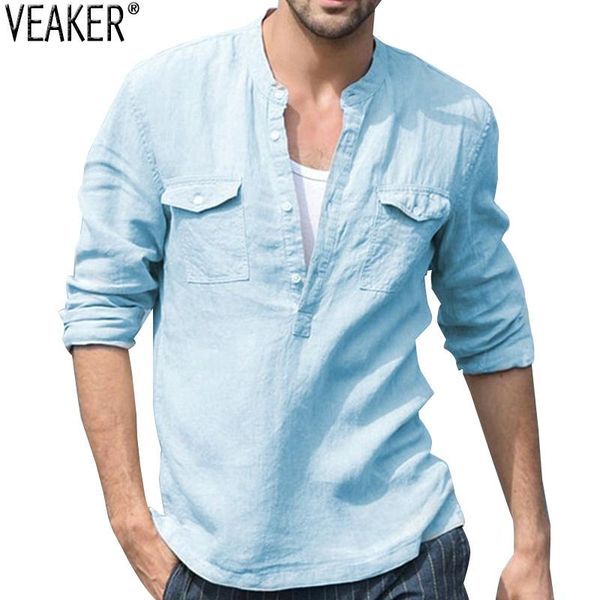

men's t-shirts 2021 casual linen shirts male mandarin collar v neck cotton shirt men long sleeve flax t s-2xl, White;black