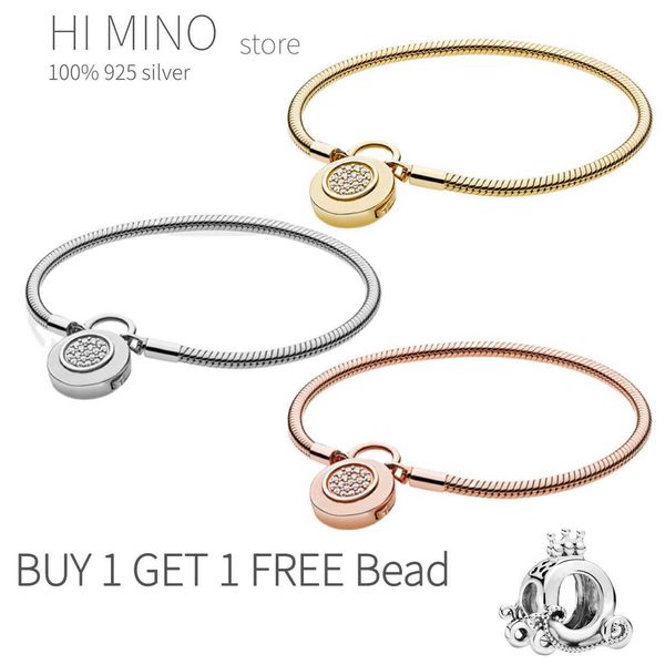 

100% 925 sterling silver women fit original pan charm chain snake bracelet lock style classic diy jewelry, Golden;silver