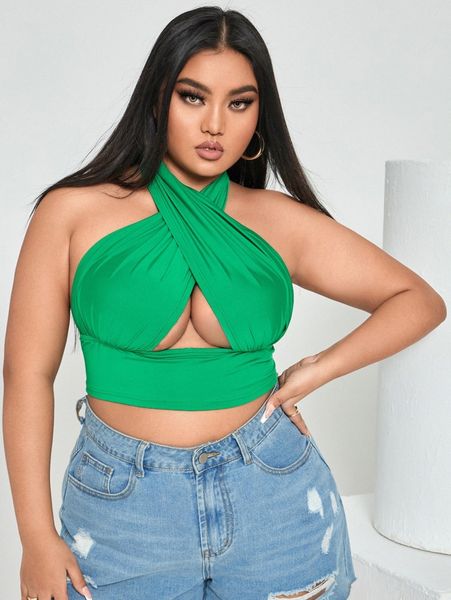 

plus criss cross cut out backless crop halter f5nm#, Black