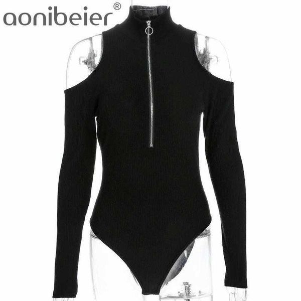 Off Ombro Malhado Romper Outono Primavera Zipper Manga Longa Turtleneck Bodycon Mulheres Bodysuit Stretch Preto Top 210604