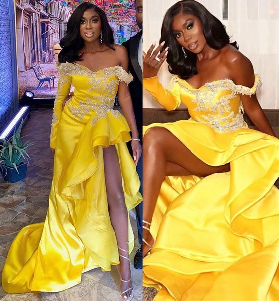 

2022 plus size arabic aso ebi yellow high split prom dresses one shoulder lace beaded evening formal party second reception bridesmaid gowns, Black