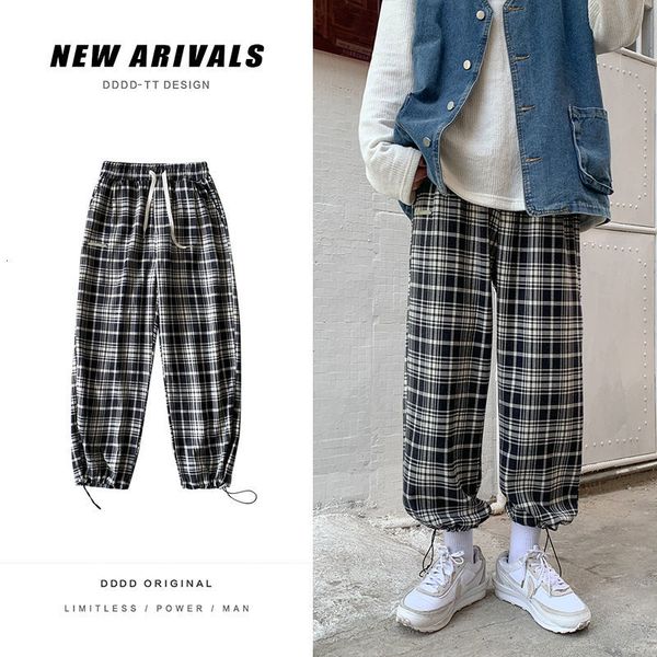 

pant spring autumn cotton plaid men's fashion casual men streetwear korean loose hip-hop straight-leg pants mens trousers, Black