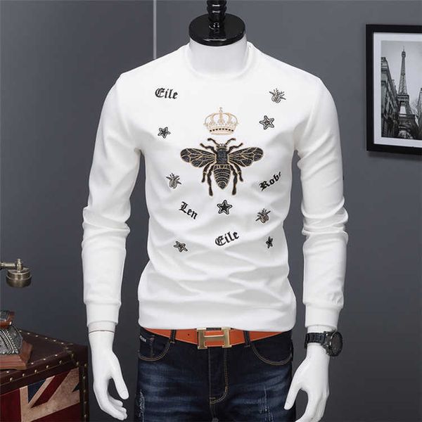 

long bee embroidery sleeve sweater men's fashion brand t-shirt spring and autumn european cloth, White;black