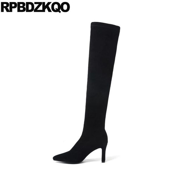 

boots thick tall slip on chunky high heel 2021 black suede slim thigh women ladies winter long pointed toe shoes over the knee