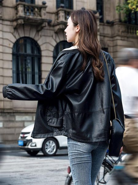

women's leather & faux pu casual jacket short loose coat 2021 spring and autumn wild fashion simple vintage jaqueta de couro k682, Black