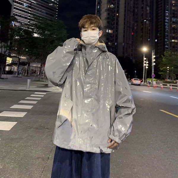

e-baihui waterproof jacket men reflective hooded casual loose coat hip hop fashion windbreaker autumn streetwear overcoat, Black;brown