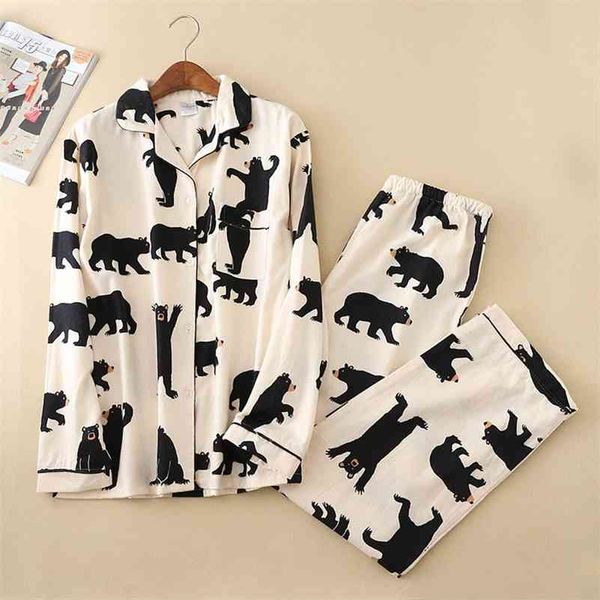 Adulto Algodão Sleepwear Dos Desenhos Animados Urso Imprimir Pijamas Conjunto de Mulheres Furando Manga Completa Homewear Bonito Lounge Pijamas Nightwear 210330