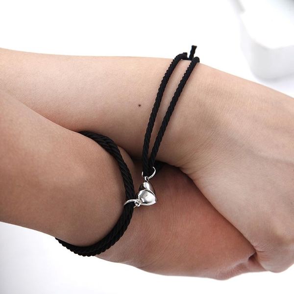 

link, chain 2pcs couple magnet attract each other creative personality heart bracelet men and women charm girl jewelry lover, Black