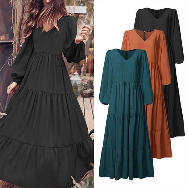 

casual long sleeve loose pleated women dress s 5xl big size vestidos female ruffle splice elegant retro boho, Black;gray
