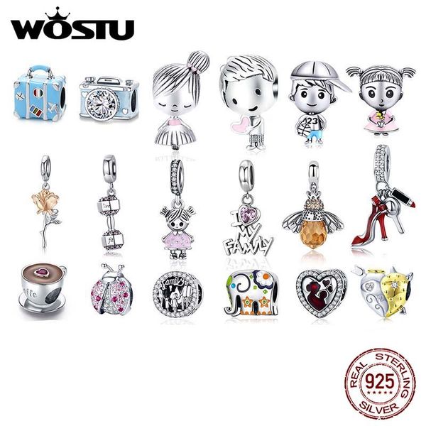 Wostu 925 Sterling Silver Mulheres Meninas Meninas Pet Câmera Bee Charme Café Ladybug Grânulos Fit DIY Pulseira Original Pingentes Jóias