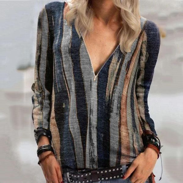 

women's t-shirt casual women tie-dye striped spring autumn long sleeve v-neck zipper ladies loose t shirts tees plus size, White
