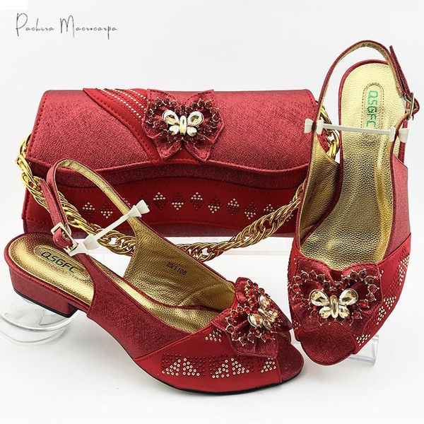 

est italian design red color nigerian fashion party women shoes and bag set decorated with butterfly-kont rhinestone dress, Black