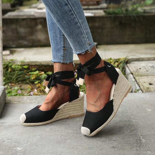

sandals women's 2021 summer style ladies ankle strap wedge platform high heel casual shoes large size 35-43, Black