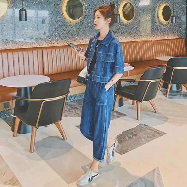 

summer denim two piece sets jacket and pants 2021 women fashion loose casual short coat elastic waist straight jeans outfits women's, White