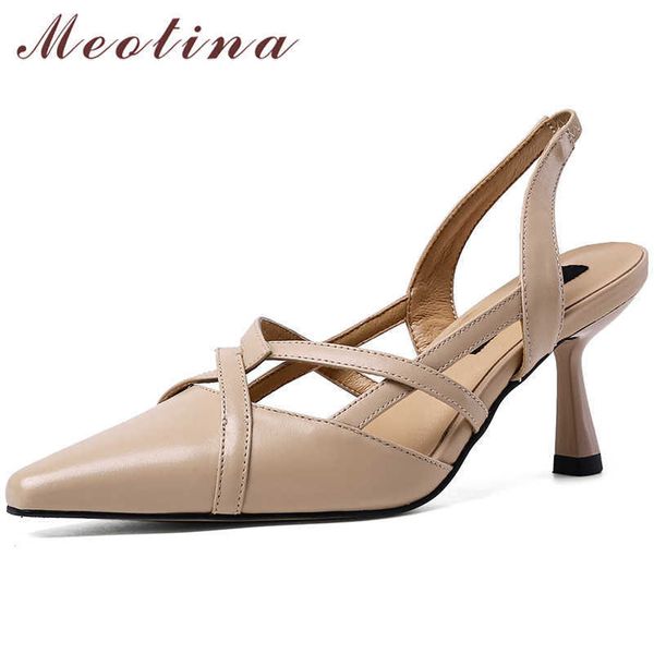 

meotina slingbacks shoes women genuine leather high heels square toe pumps thin heel office ladies footwear spring apricot 210608, Black