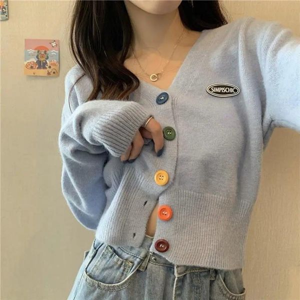 

korean sweet cardigan women single womens sweater breasted v neck long sleeved knitted jacket s 4xl short 6 colors, White;black