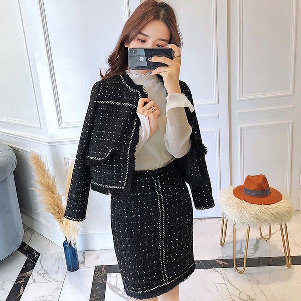 

autumn winter runway women cardigan short jacket coat + bodycon mini dress ladies fringed tassels tweed 2-piece set 210416, White