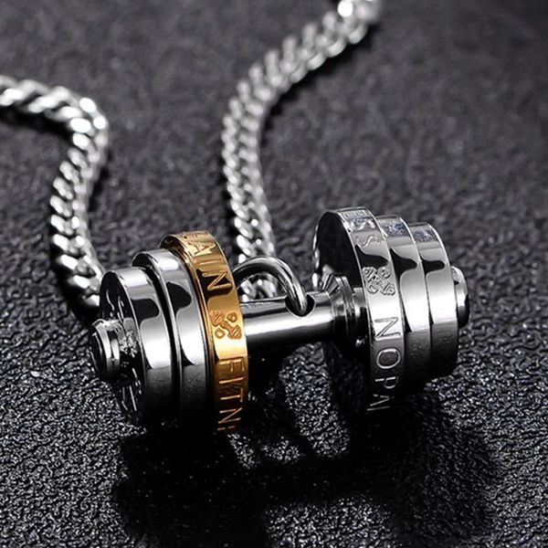 

pendant necklaces stainless steel weights necklace gym barbell men's mans gold wholesale jewelry on the neck couple pendan with a, Silver