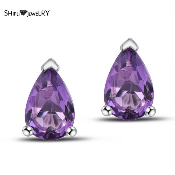 

shipei 100% 925 sterling silver natural pear cut amethyst gemstone wedding engagement ear studs earrings fine jewelry wholesale stud, Golden;silver