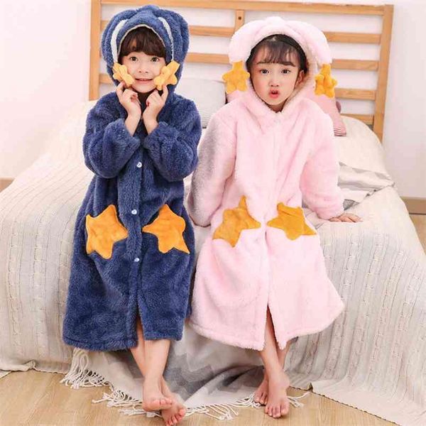 

fashion cute rabbit hooded robes for kids girls flannel warm dressing gown children pineapple thicken bathrobe star sleepwear 210622, Blue;red