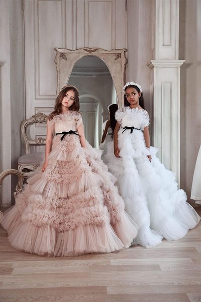 

girl's dresses 2021 tiered tulle girls pageant long princess flower dress blush ruffles birthday gowns first communion, Red;yellow