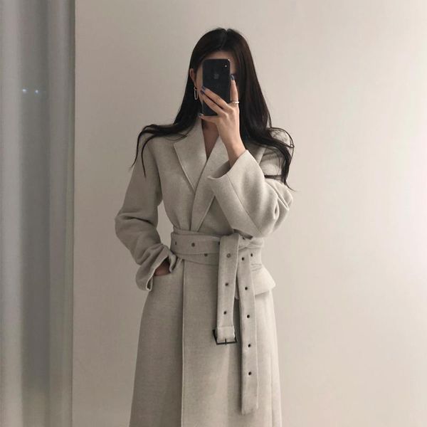 

women's wool & blends high qulity woman coats winter long with belt office lady fashion lace up outerwear, Black