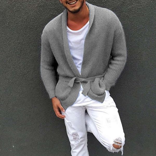 

men's autumn slim knitted button shawl-collar sweater coats comfy loose long cardigans for men open front solid sweaters 57mm, White;black