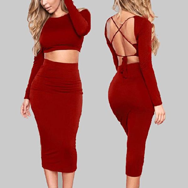 

est womens long sleeve backless solid color two-piece dress slim fit sexys casual beach dresses, Black;gray