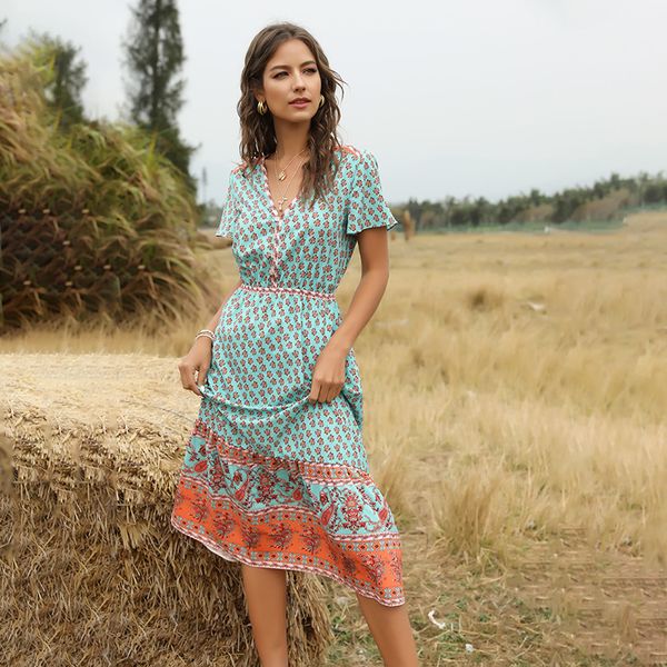 

summer ladies button v-neck short sleeve women 2021 new casual streetwear high waist mid calf print dress, Black;gray
