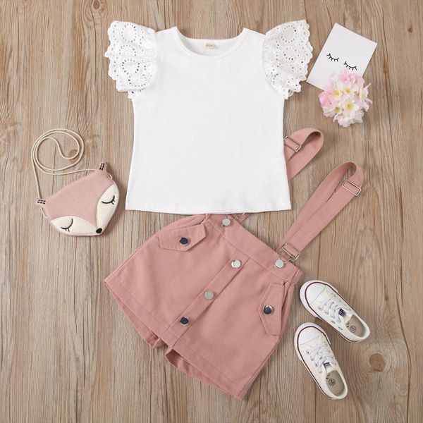 

kids baby girls summer fly sleeve solid t shirts overalls toddler children casual clothes sets 2pcs 1 6y, White