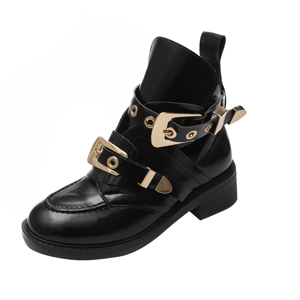 

boots women shoes sandals leather ankle motorcycle riding gladiator bootie flats cutout square heel buckle runway size44, Black