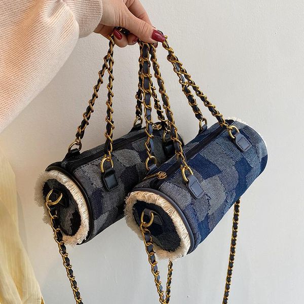 

women's bags 2021 trend fashion denim crossbody bag designer patchwork chain boston female cylinder shoulder cross body
