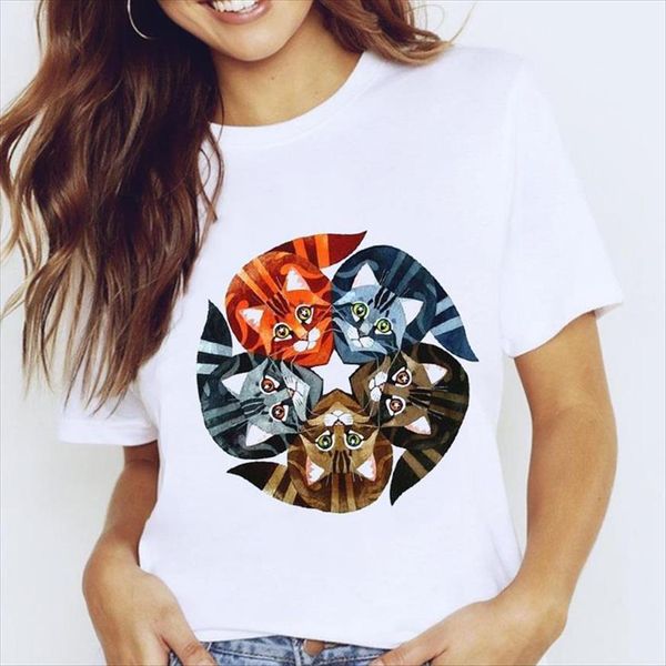 

graphic funny animal fashion cat women cartoon 90s casual cute clothes clothing tees print female, White