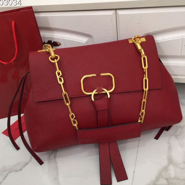 

quality head layer cowhide leather messenger bag fashion chain handbag high-capacity accordion spacer pouch brass clasp v letter