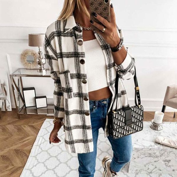 

women's jackets 2021 autumn plaid jacket women overshirt loose winter checkered female long sleeve shirt for, Black;brown