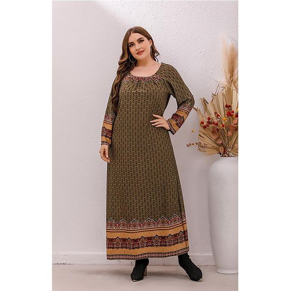 

plus size dresses 2021 spring women's fashion round neck long-sleeved loose femme robe retro printing stretch thin oversized dress, Black