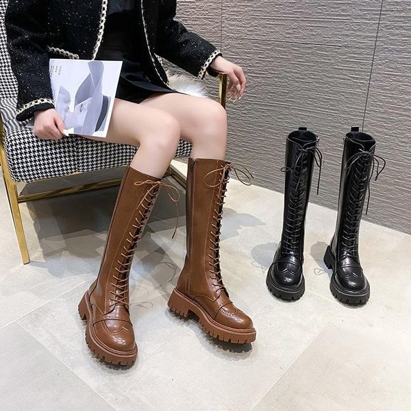 

boots black women's autumn / winter 2021 england lace up knee high knights long
