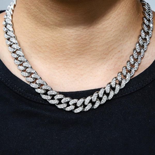 

hip hop miami curb cuban chain necklace gold iced out paved rhinestones cz bling rapper necklaces for men jewelry chains, Silver