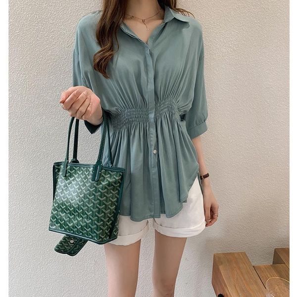 

summer women's blouse 2021 fashion lapel loose waist was thin button white shirt womens and blouses & shirts