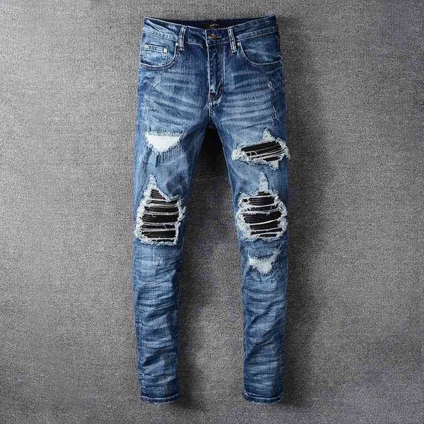

men's wrinkled knee pu patching slim fit small leg jeans can be 612, Blue