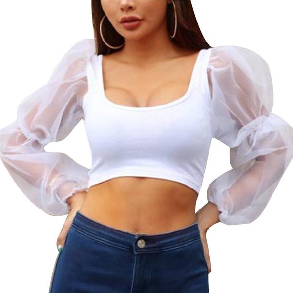 

spring summer mesh lace blouse women puff sleeve shirts fashion slim o neck female shirt partywear street women's blouses &, White