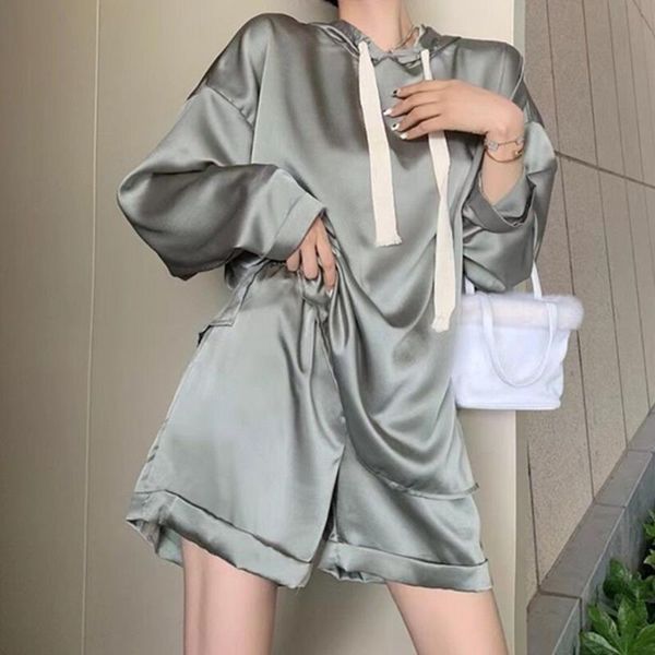 

women's tracksuits casual two piece set womens hooded collar long sleeve high waist shorts short pants suits female clothing 2021 x674, Gray