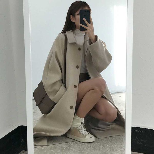 

women woolen coat warm long sleeve turn-down collar outwear jacket ladies autumn winter casual elegant overcoat 210601, Black