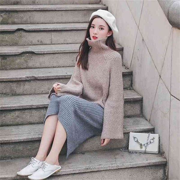 

net red sweater skirt two-piece suit winter turtleneck thick wool women's lazy wind loose autumn 210427, White