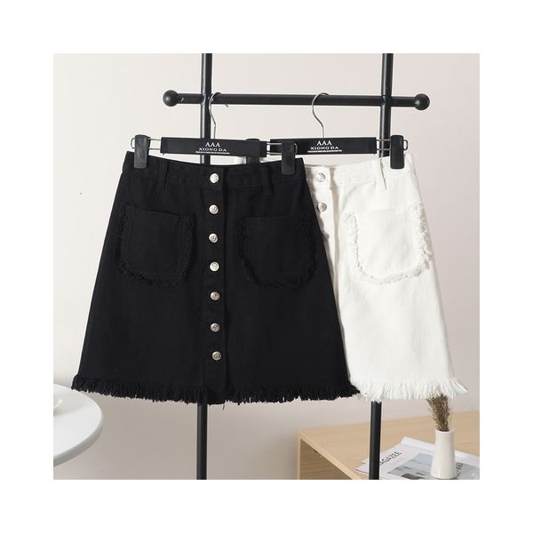 

get out solid elastic waist summer thin black line white washed denim female skirt