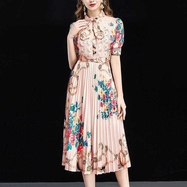 

retro literary bow lace beaded print waist thin pleated dres office lady polyester knee-length 210603, Black;gray