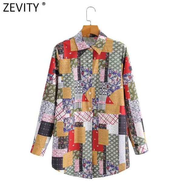

zevity women vintage cloth patchwork print casual slim smock blouse office ladies turn down collar shirt chic blusas ls9148 210419, White