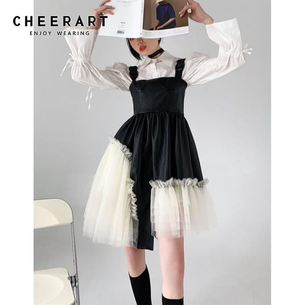 

casual dresses cheerart mesh patchwork suspender dress women summer black tunic designer tiered runway 2021 trend fashion clothing, Black;gray