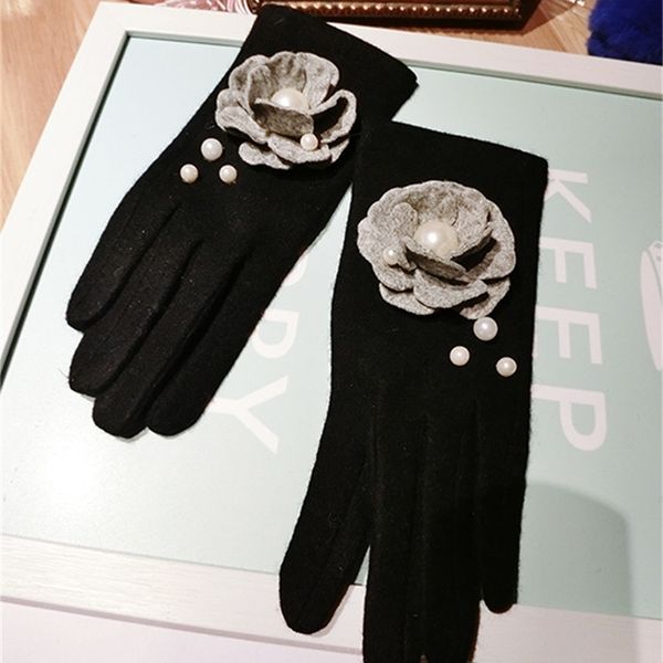 

gloves korean winter grey tweed camellia three pearl cashmere split finger women' warm touch screen cycling women, Blue;gray